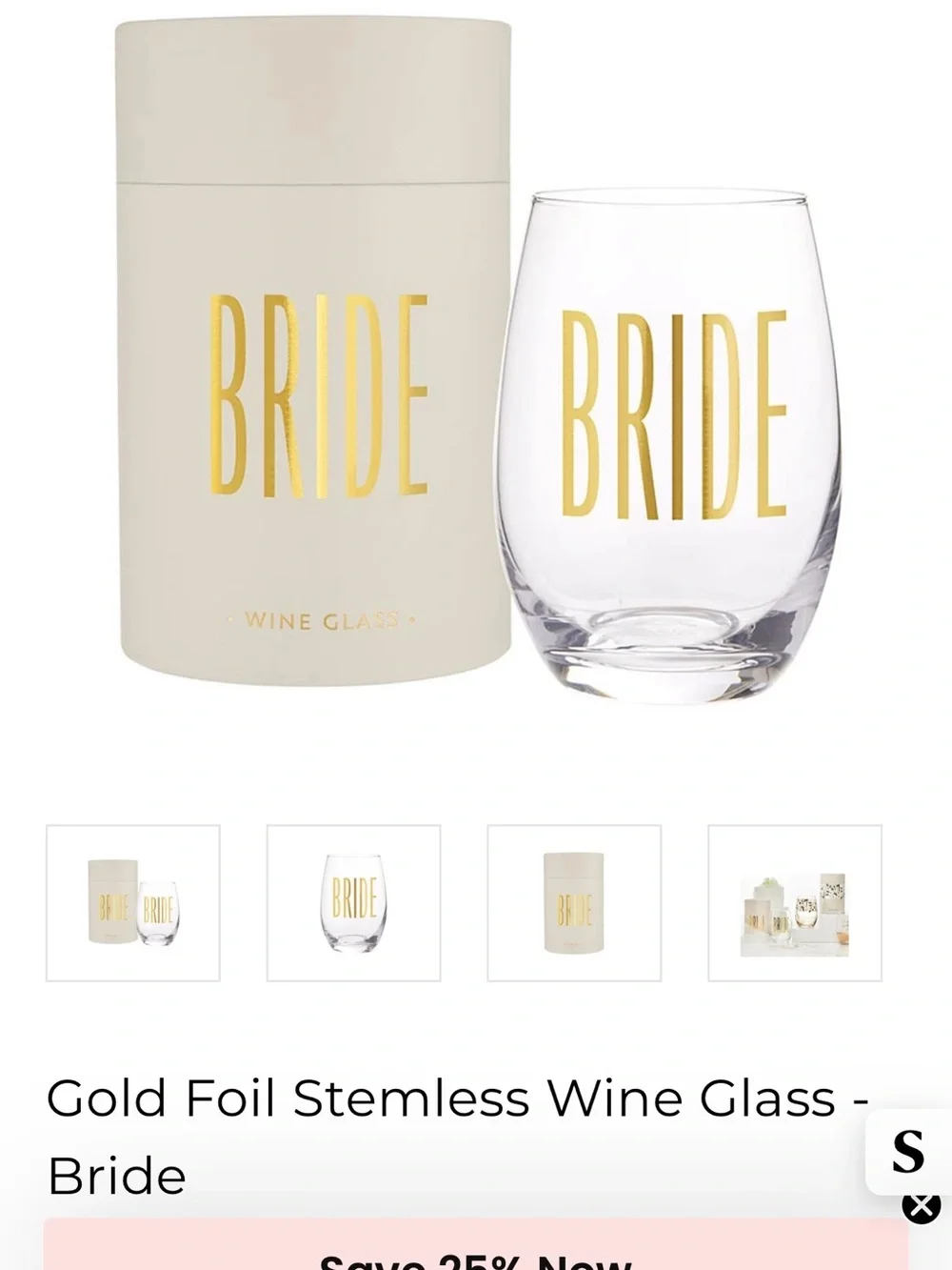 BRAND NEW UNUSED Bride Gold Lettering Cream Wine Glass Holder - Bridal Gift